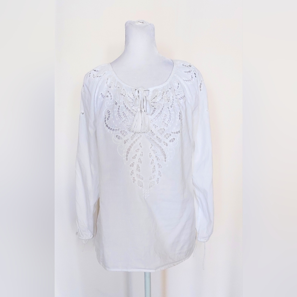 Lucky Brand Cotton Eyelet Tassel Neck Top Blouse White Size Small